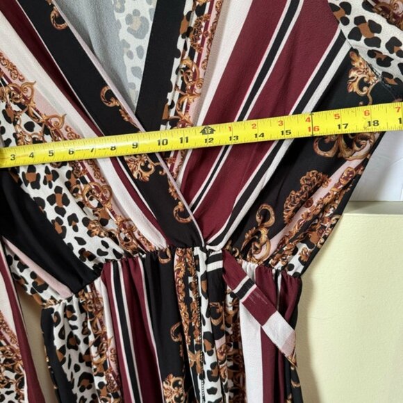 BOOHOO Faux Wrap Chain Mixed Print Dress Midi Lightweight V Neck Belt Plus Sz 20 - Picture 14 of 16